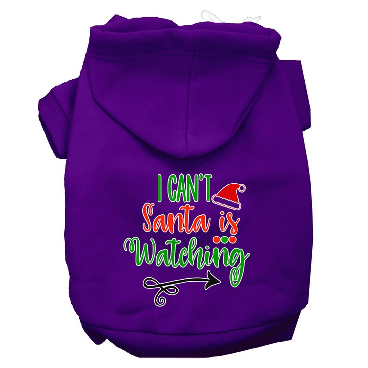 I Can't, Santa is Watching Screen Print Dog Hoodie Purple L